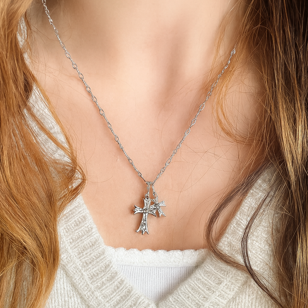 Diamond-Studded Double Pendant Cross Necklace