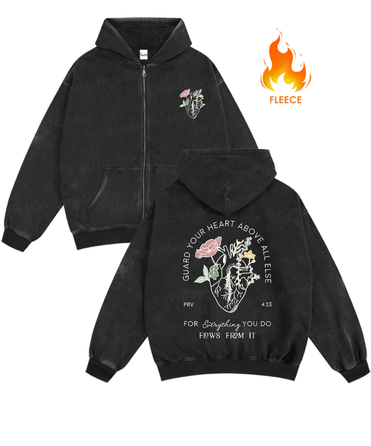 Guard Your Heart Above All Else Double Sided Washed Zip-Up Fleece Hood ...